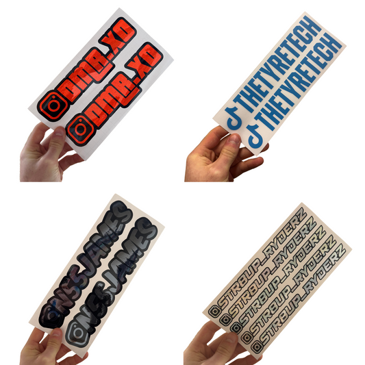 Selection of custom Instagram and TikTok social tag stickers by Blum Decals, featuring a variety of colours and finishes, including gloss, chrome, and glitter.