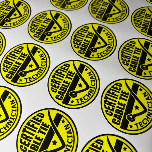 Sticker sheet of certified cable tie technician stickers finished in gloss yellow and black