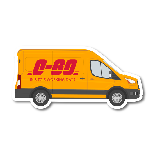 Funny yellow van vinyl sticker reading “0–60 in 3 to 5 working days” in red lettering, humorous slow speed decal.