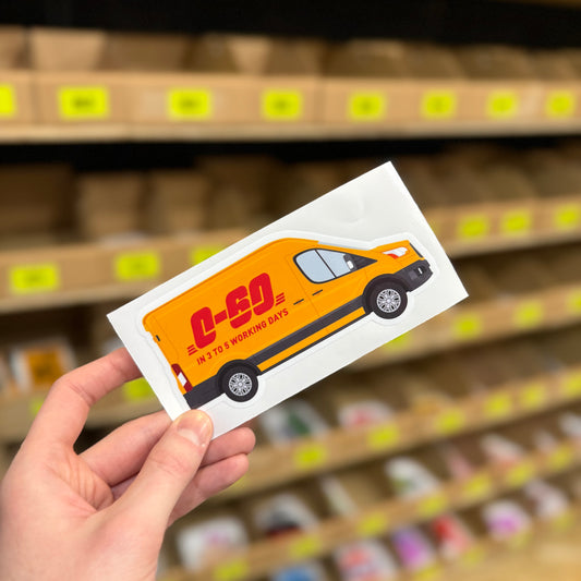 Funny delivery van sticker parody showing yellow courier van with “0–60 in 3 to 5 working days” text