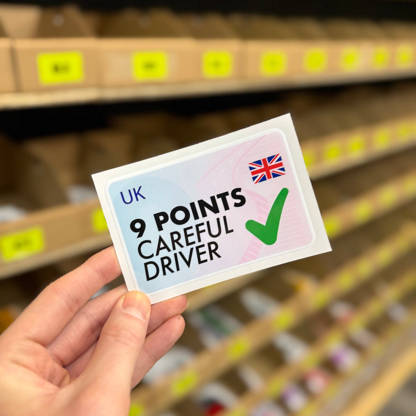 9 Points Careful Driver funny vinyl car sticker styled like UK driving licence card, gloss laminated waterproof novelty decal made in the UK by Blum Decals.