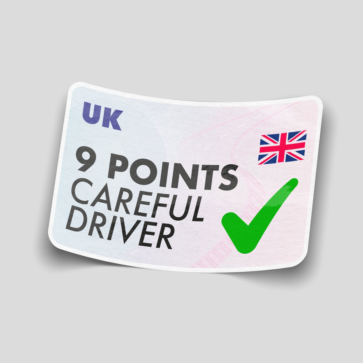9 Points Careful Driver funny vinyl sticker styled like a UK licence card, perfect for cars and novelty sticker collections.