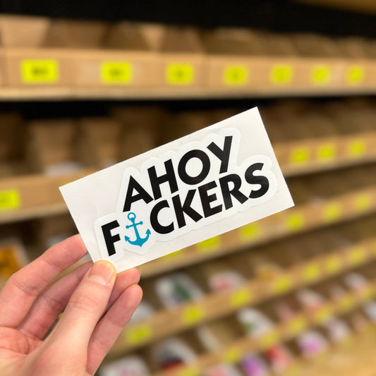 Funny nautical slogan sticker with “Ahoy Fockers” text and anchor graphic