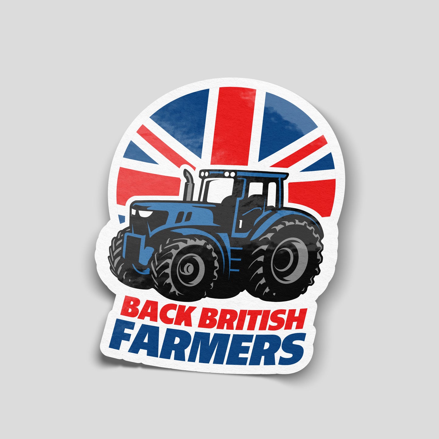 Back British Farmers funny vinyl car sticker featuring a blue tractor over the Union Jack flag. Waterproof gloss laminated UK made decal supporting British farming, ideal for cars, vans, 4x4s, toolboxes and agricultural vehicles.