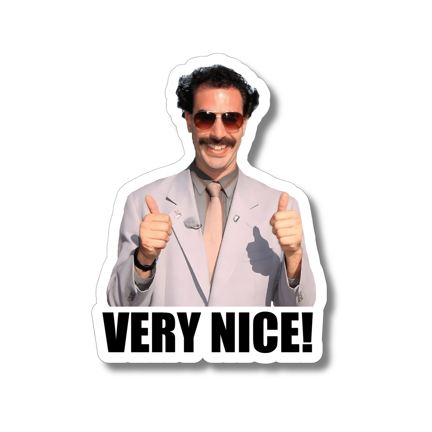 Funny Borat "Very Nice!" meme vinyl sticker with classic thumbs-up pose, perfect for cars, laptops, and more.