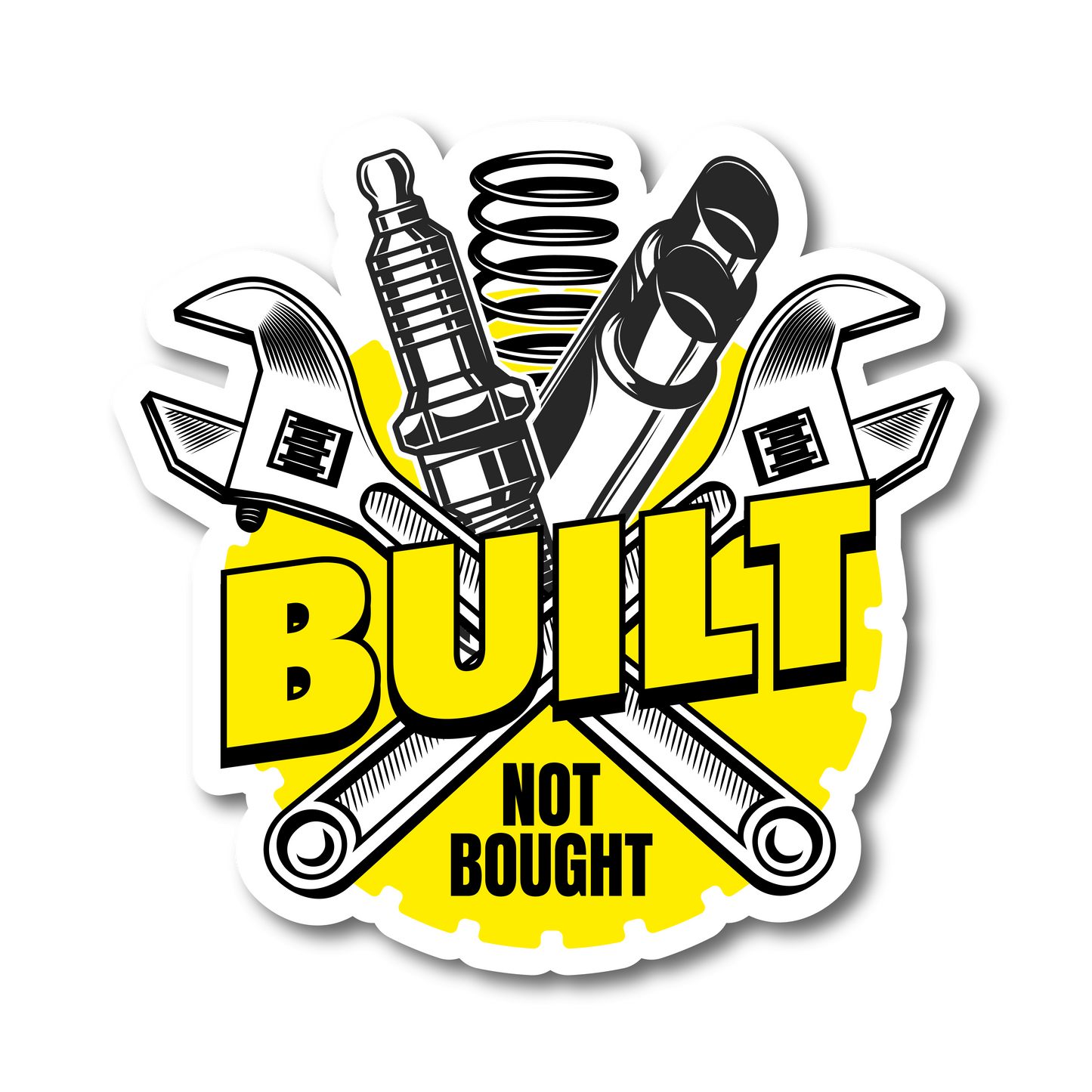 Built Not Bought mechanic tools funny vinyl car sticker in yellow and black