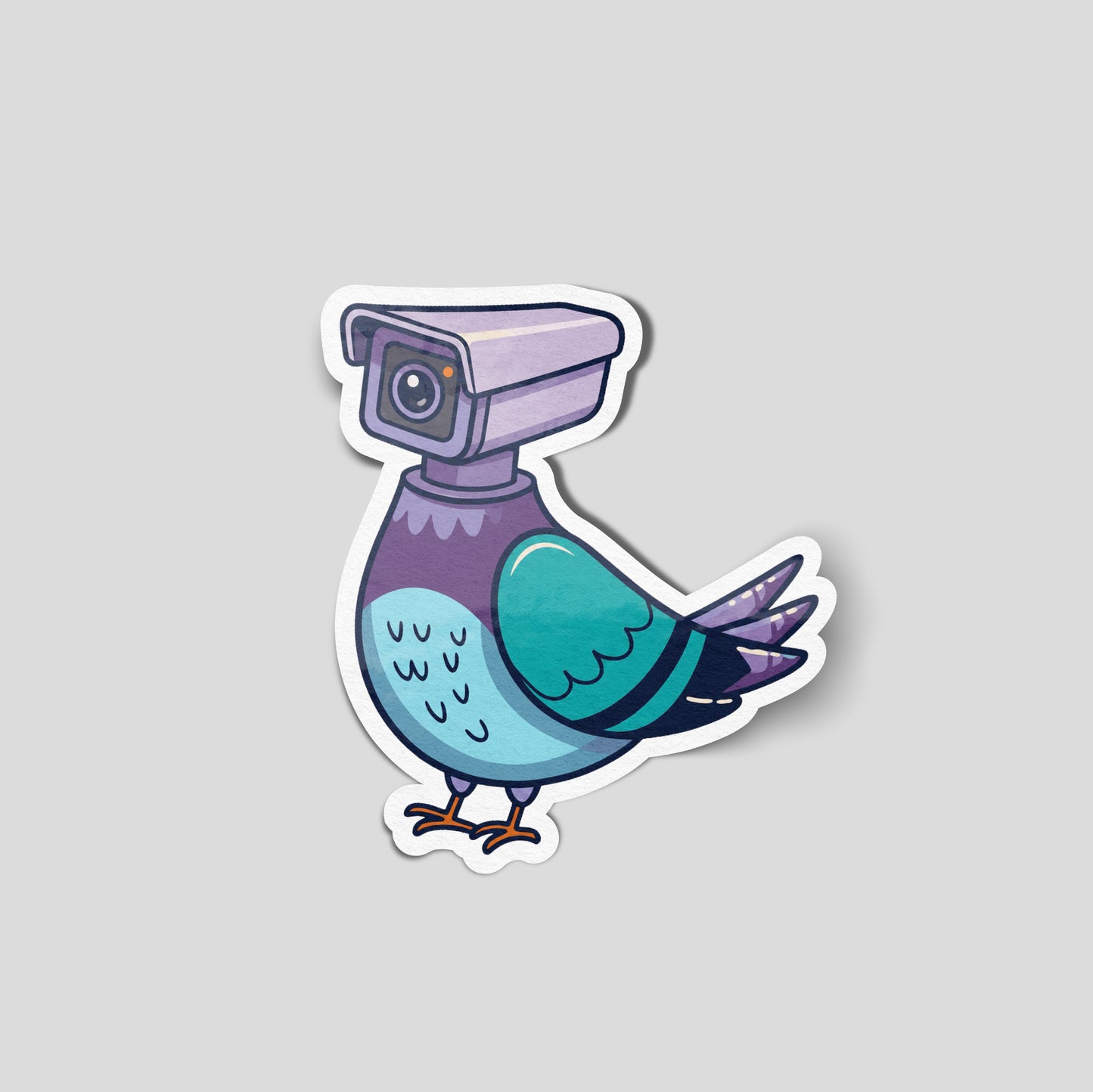 Funny CCTV Pigeon vinyl sticker featuring a surveillance camera pigeon design, printed on waterproof laminated vinyl for vehicles and toolboxes.