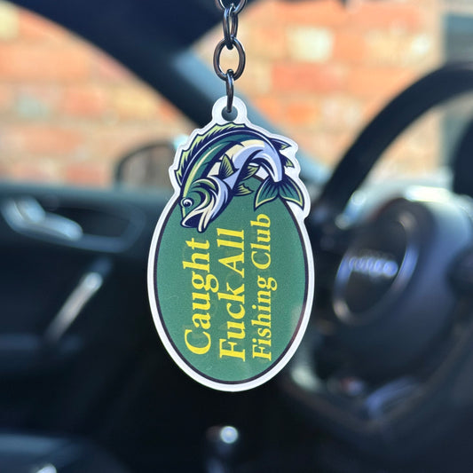 Funny fishing club keychain “Caught fuck all fishing club” design, novelty angler keyring with fish graphic, perfect for car keys and tackle gear UK