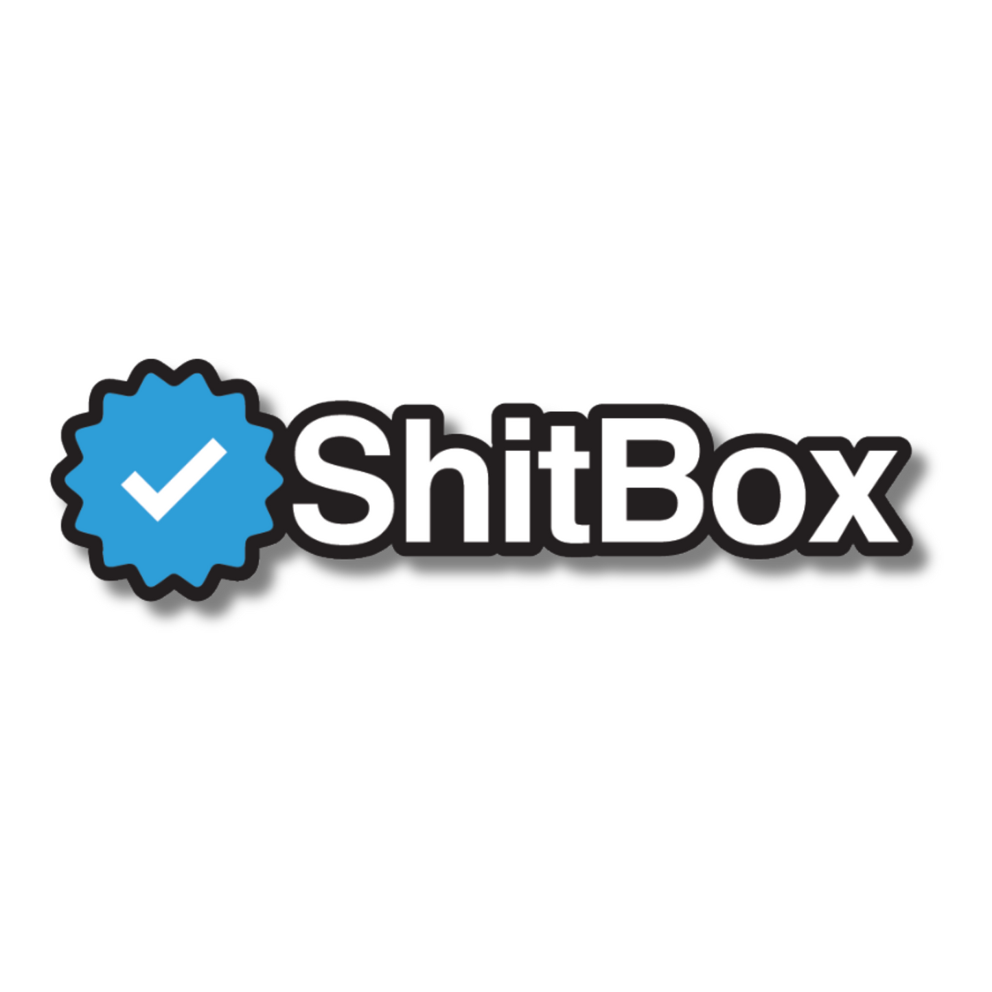 Funny vinyl sticker reading “Certified Shitbox” with a blue tick icon – perfect for beat-up cars, toolboxes and daily drivers with issues.