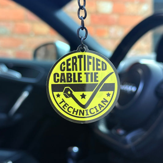 Funny “Certified cable tie technician” keychain, bold novelty design for mechanics, electricians and car enthusiasts, durable acrylic keyring UK