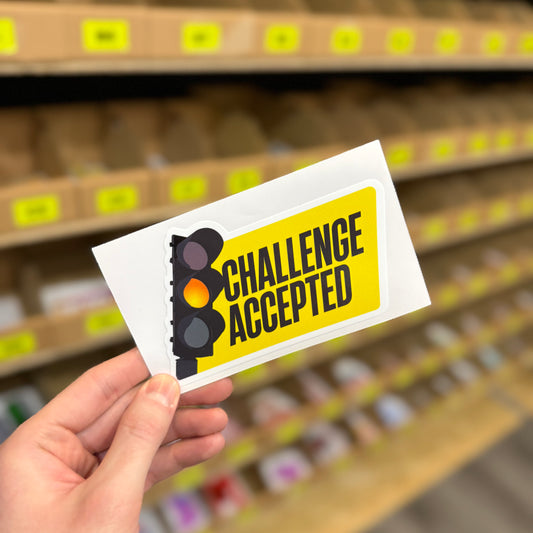 Funny motivational sticker reading “challenge accepted” with traffic light graphic