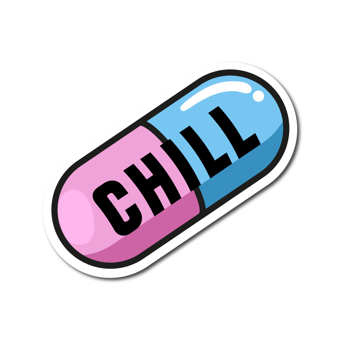 Pink and blue pill-shaped sticker with the word “CHILL” – funny waterproof vinyl decal for cars, laptops or daily reminders.
