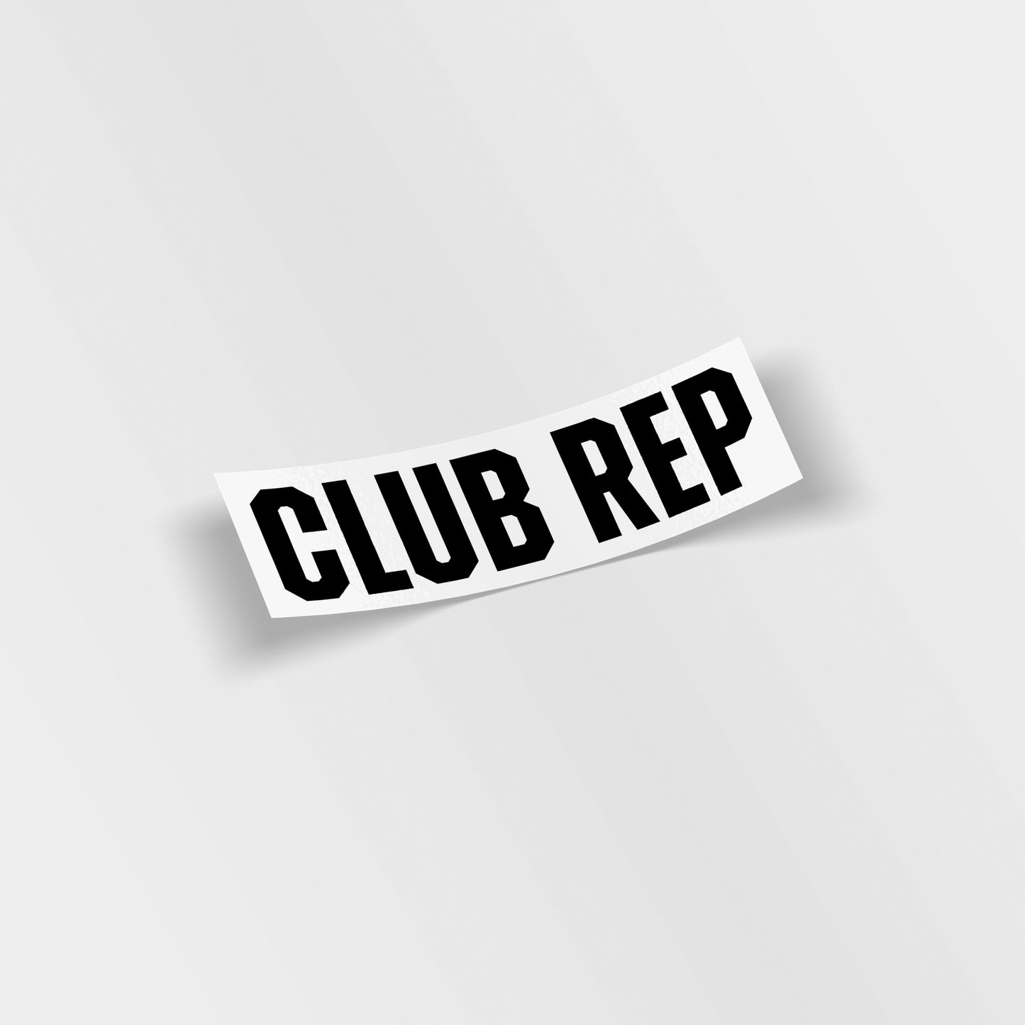 Club Rep windscreen sunstrip sticker in bold black lettering, custom vinyl car club banner for modified vehicles, UK printed gloss laminated decal.