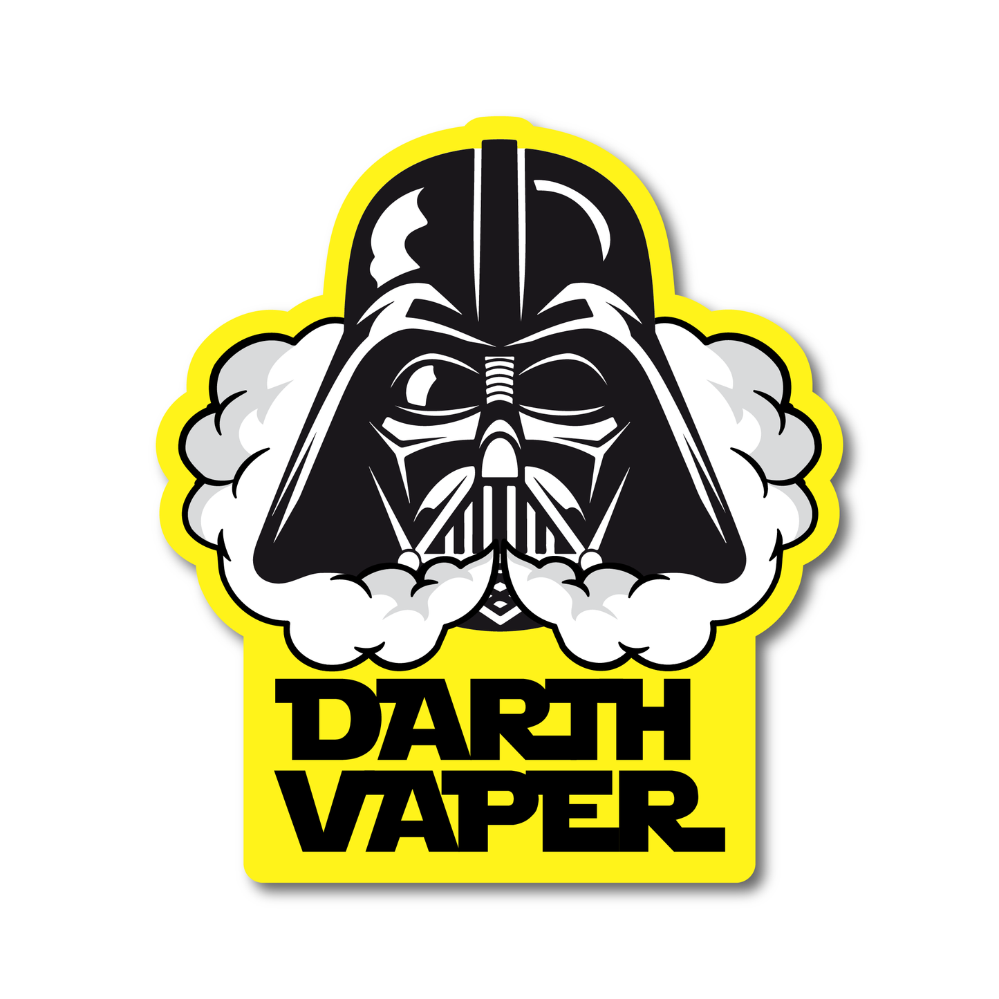 Funny Darth Vaper vinyl sticker featuring a masked character blowing vape clouds – great for cars, vape gear or toolboxes.