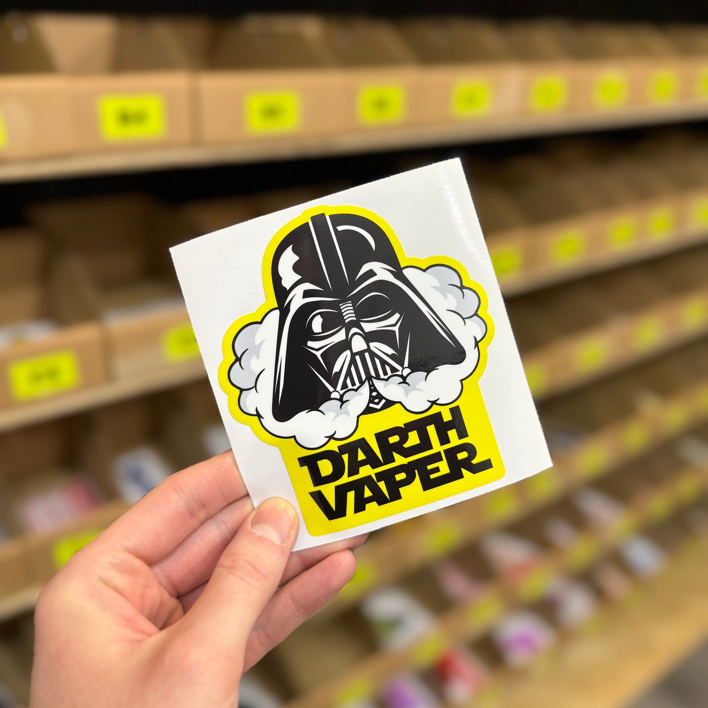 Sci-fi villain parody “Darth Vaper” funny vinyl sticker with helmet illustration.