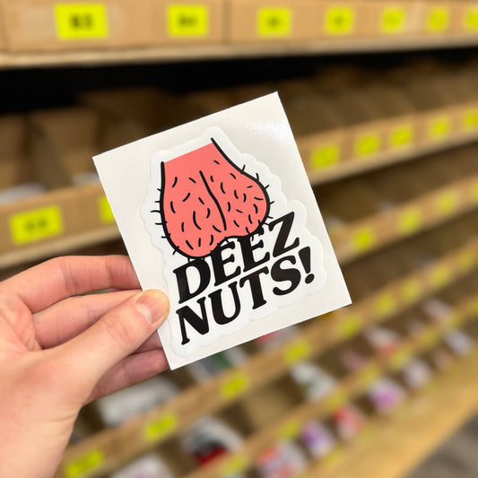 Cartoon nuts illustration “Deez nuts” funny vinyl sticker.