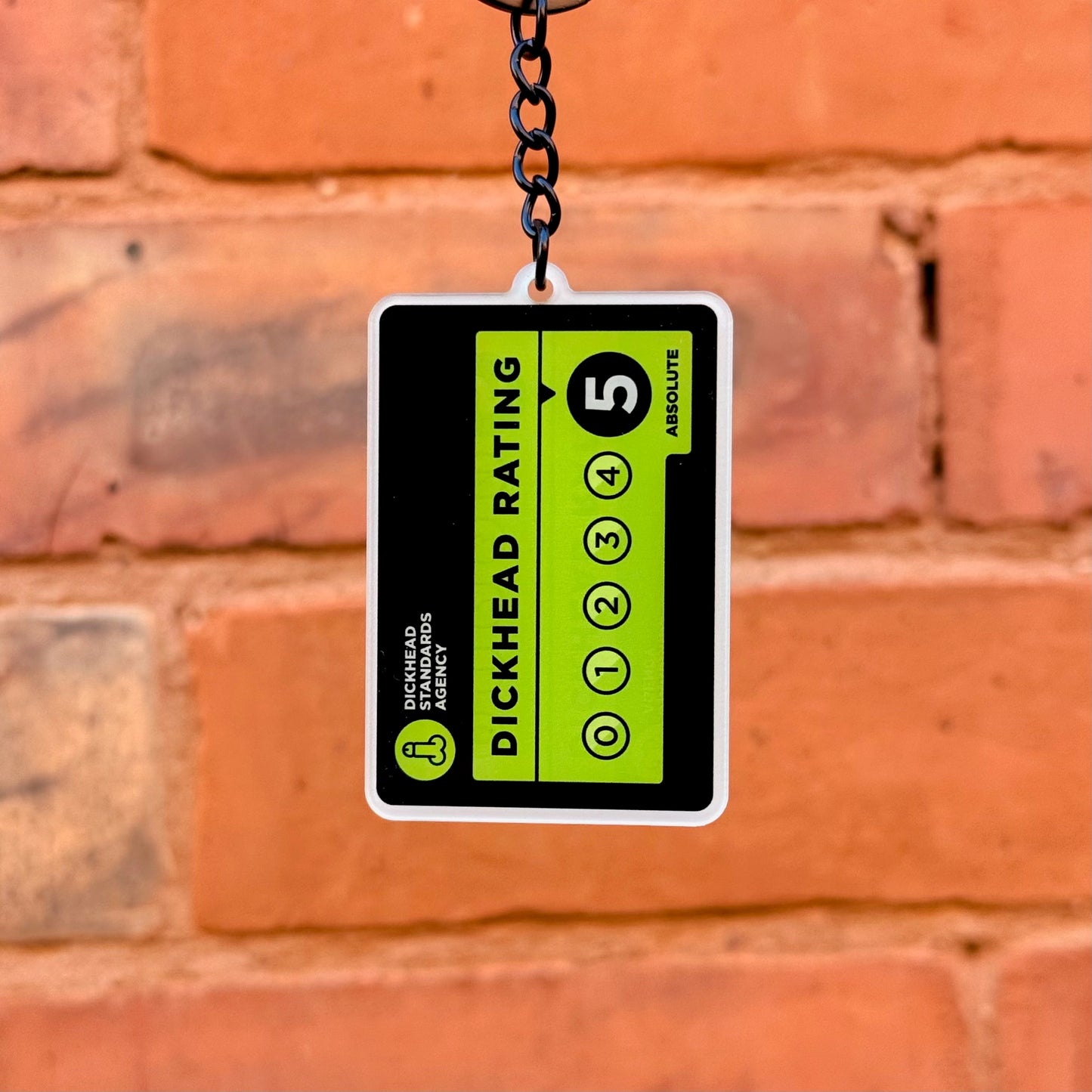 Dickhead Rating funny acrylic keychain with double-sided print and gloss black chain