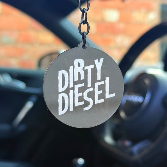 Dirty Diesel keychain with bold typography design, funny automotive keyring for diesel car lovers, durable acrylic accessory for car keys UK