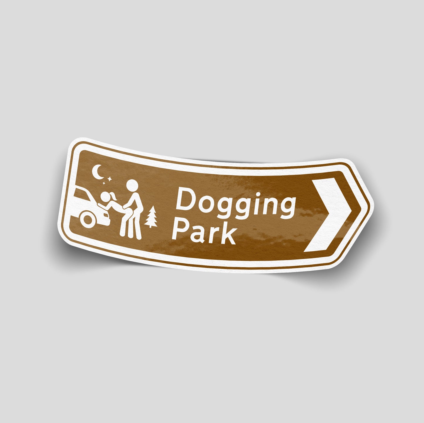 Funny Dogging Park vinyl sticker styled like a brown UK tourist road sign with an adult-themed illustration and arrow.