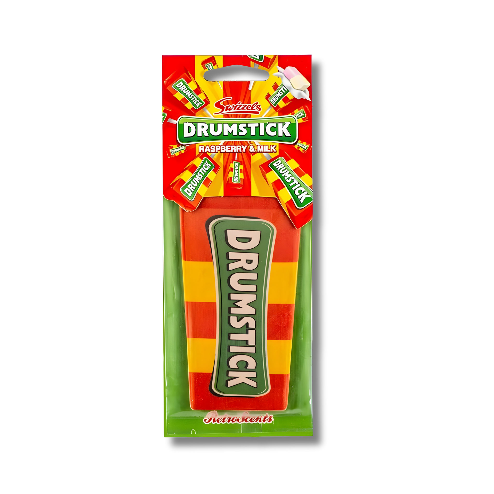 Swizzels Drumstick Hanging Car Air Freshener – Raspberry & Milk Scent. A bold, retro-style air freshener inspired by the classic Drumstick sweet, ideal for refreshing your vehicle’s interior.