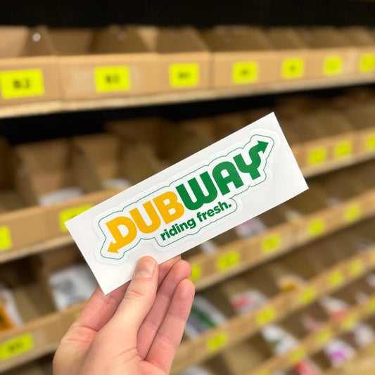 Parody sandwich shop logo “Dubway riding fresh” funny vinyl sticker in green and yellow.