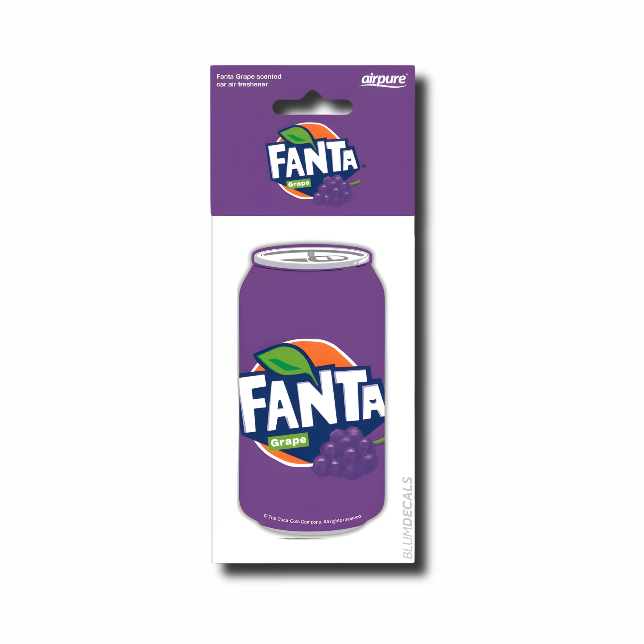 Fanta grape design air freshener hanging in a car with the iconic Fanta can design