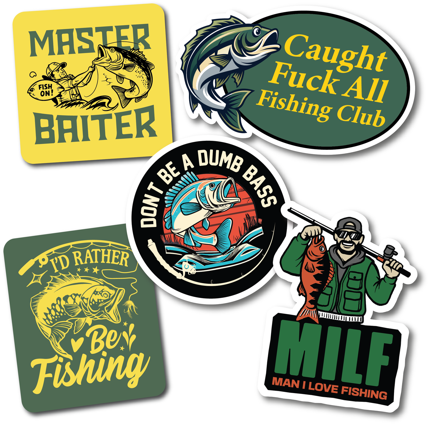 5-piece funny fishing sticker pack with vinyl decals including “MILF – Man I Love Fishing”, “Master Baiter” and “Caught F*** All Fishing Club”.