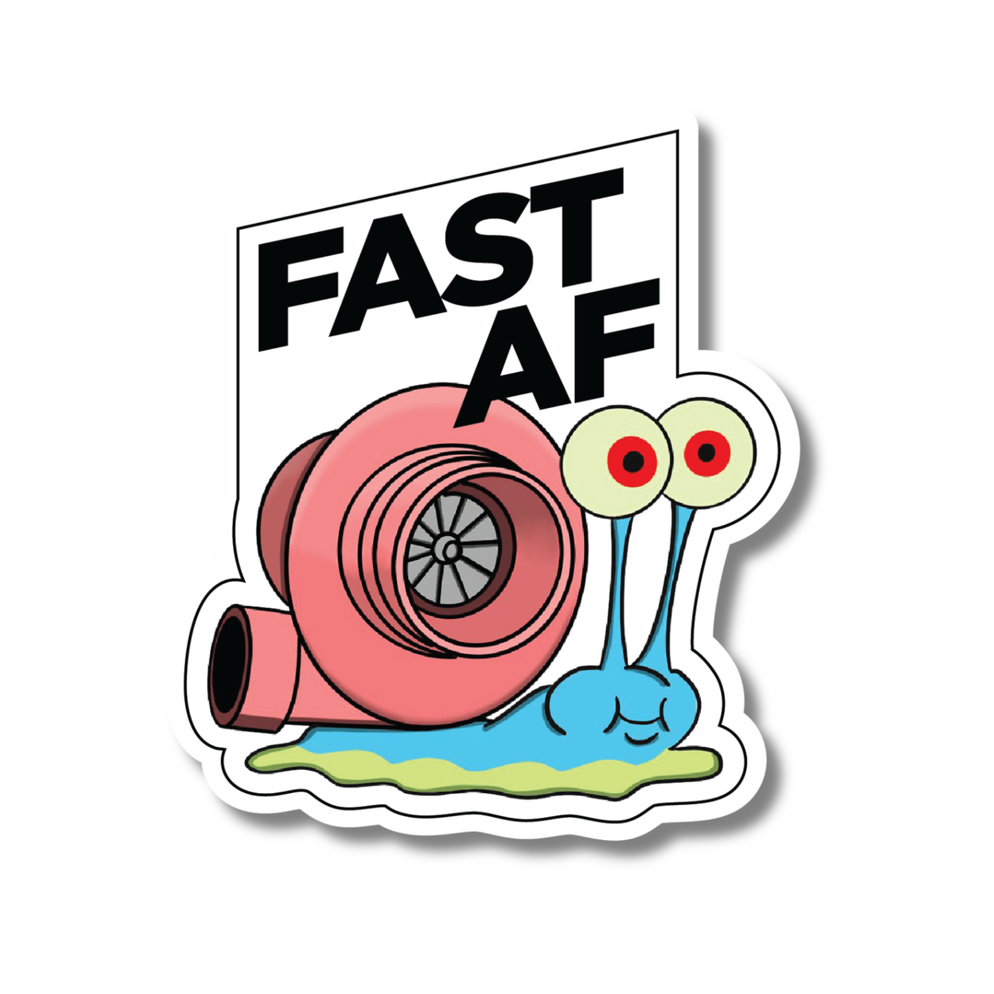 Fast AF Turbo Snail meme sticker with cartoon snail and turbocharger