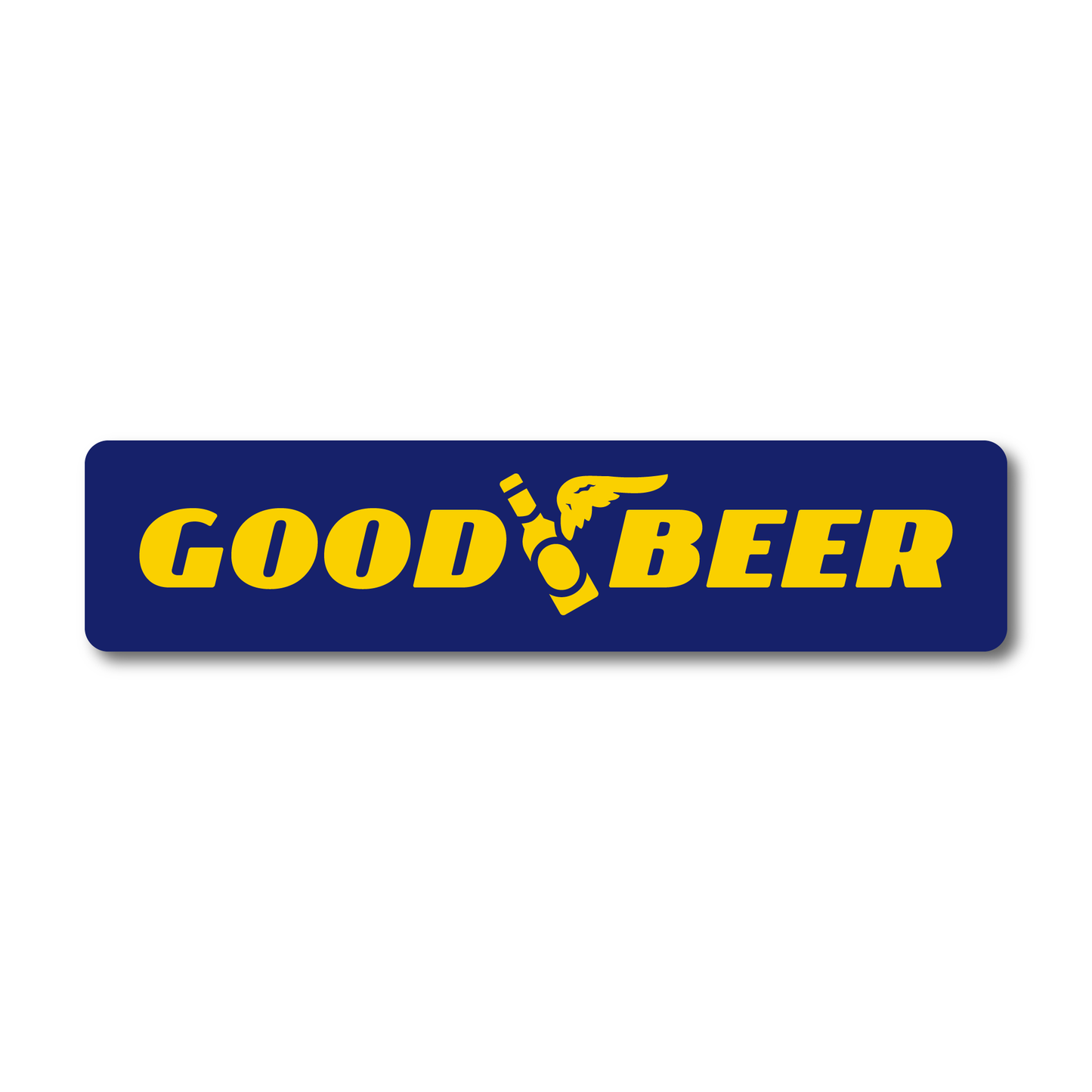 Funny vinyl sticker with parody tyre logo reading “Good Beer” – yellow text on blue with bottle icon, ideal for toolboxes or beer fridges.