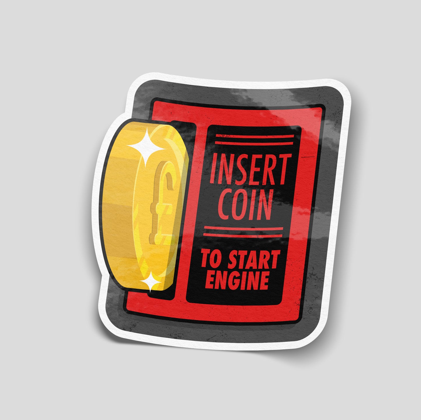 Insert Coin To Start Engine funny vinyl car sticker styled like an arcade machine graphic with pound coin detail. Gloss laminated waterproof UK made decal, perfect for modified cars, daily drivers, garages and petrolhead toolboxes.