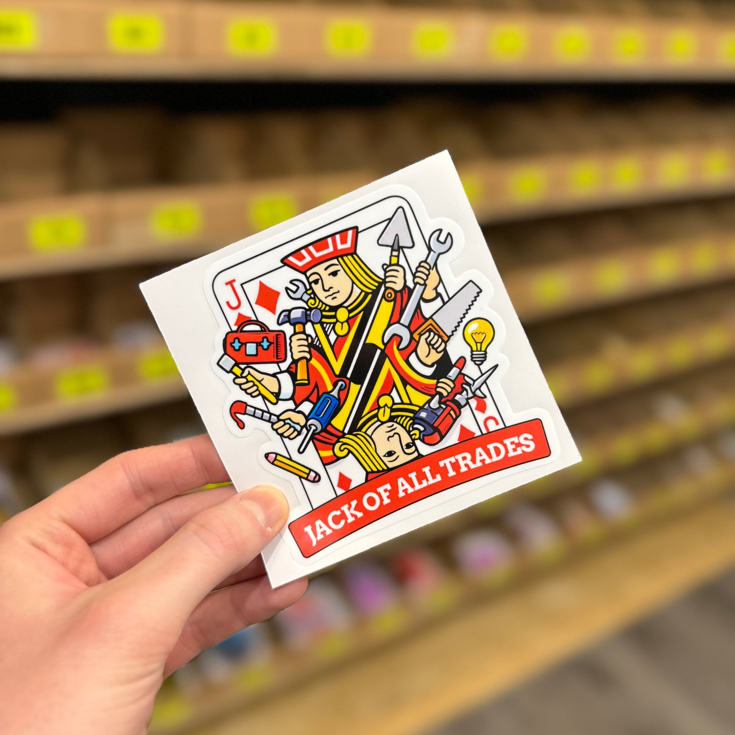 Funny trades sticker showing playing card illustration with tools and “jack of all trades” text