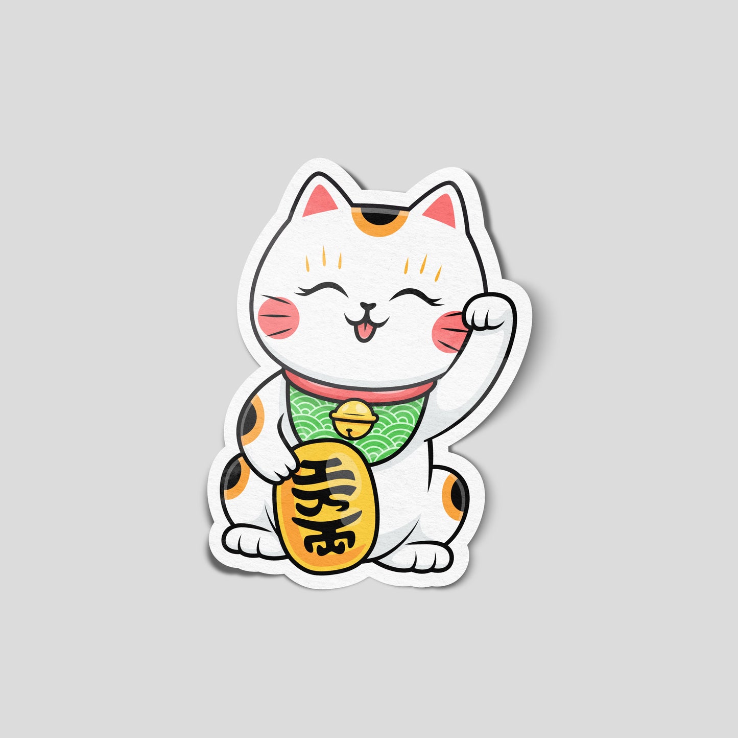 Cute Maneki‑Neko lucky cat funny car sticker with waving paw and gold coin, kawaii style vinyl decal for UK drivers.