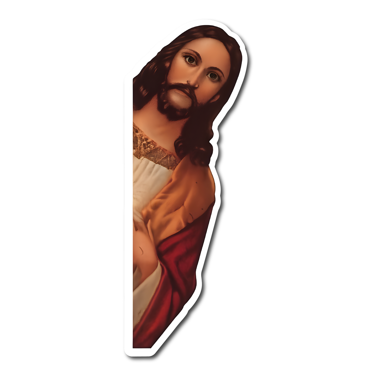 Funny vinyl car sticker of Jesus peeking around a corner – waterproof decal for cars, vans, and bumpers in the UK with religious humour