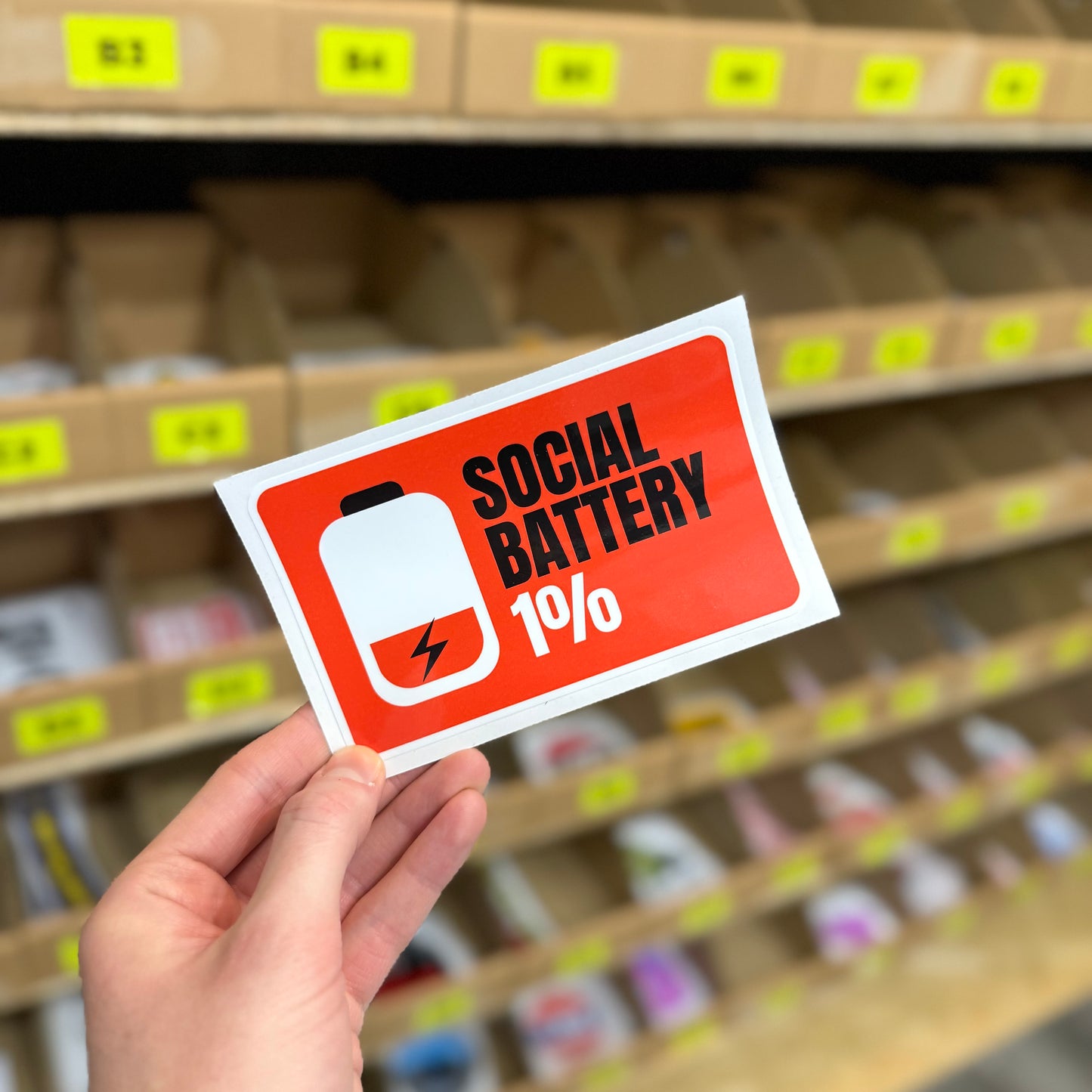 Funny introvert sticker showing low battery icon with “social battery 1 percent” text