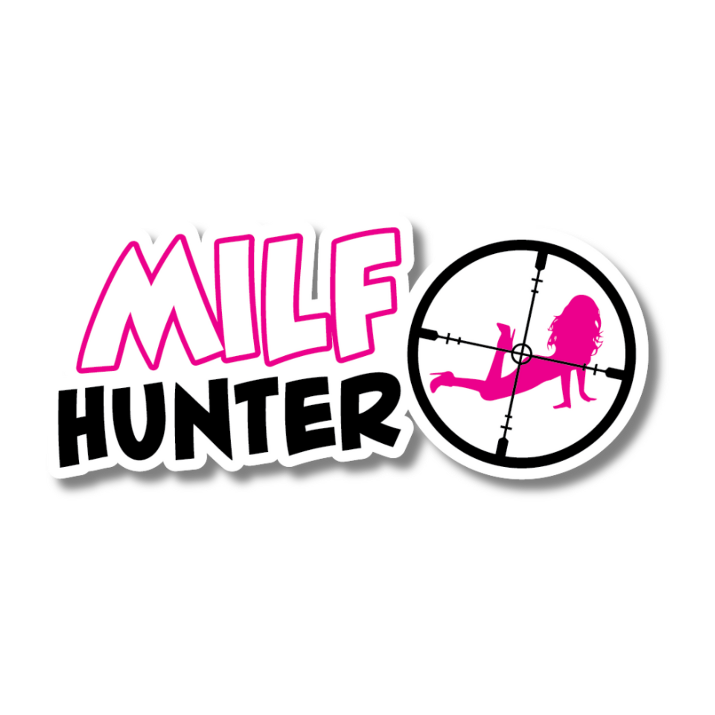 Funny and rude “MILF Hunter” vinyl sticker with crosshair and silhouette – bold humour for British drivers with zero filter.