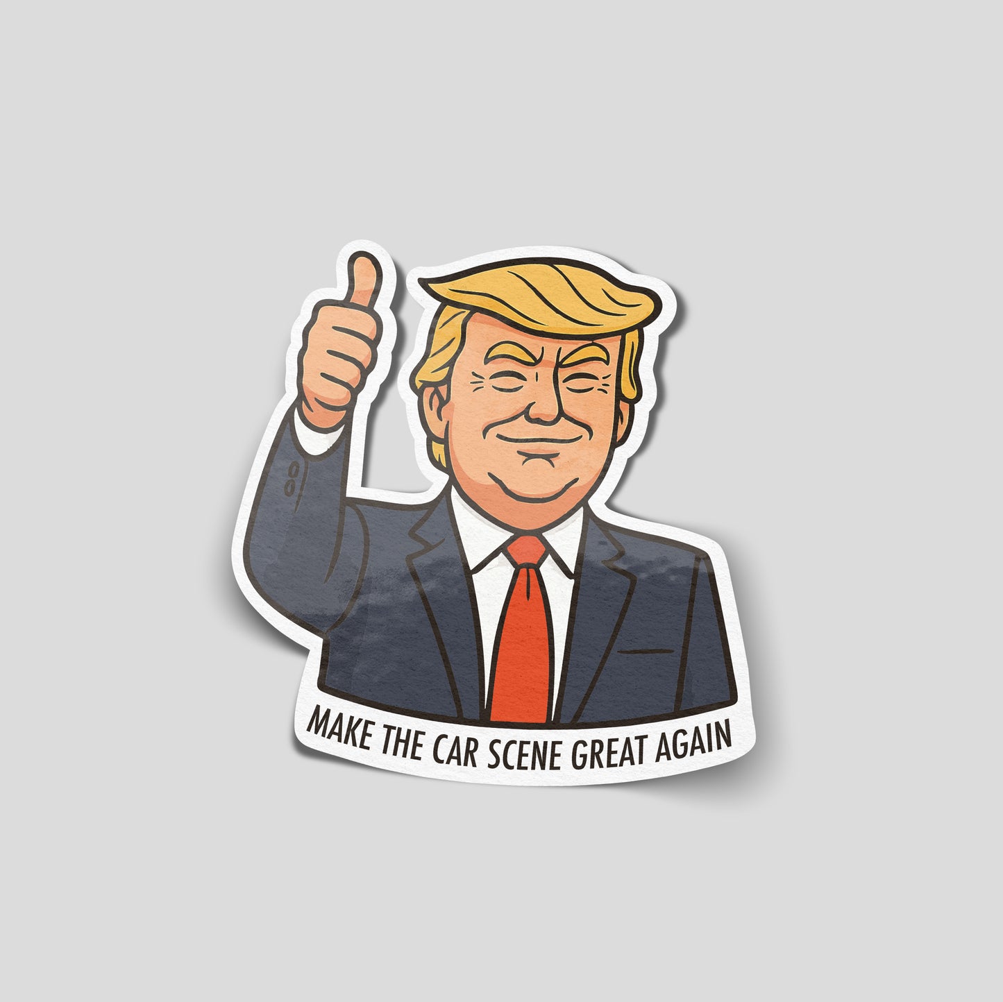 Cartoon political parody character giving thumbs up with slogan make the car scene great again funny car sticker, UK car culture humour vinyl by Blum Decals