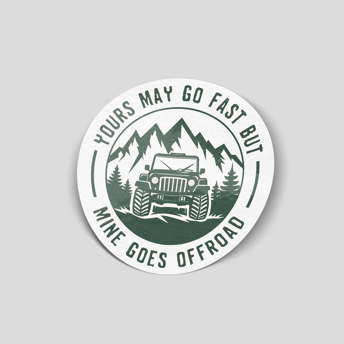 Mine goes offroad 4x4 mountain scene funny car sticker, UK off-road vehicle humour vinyl by Blum Decals