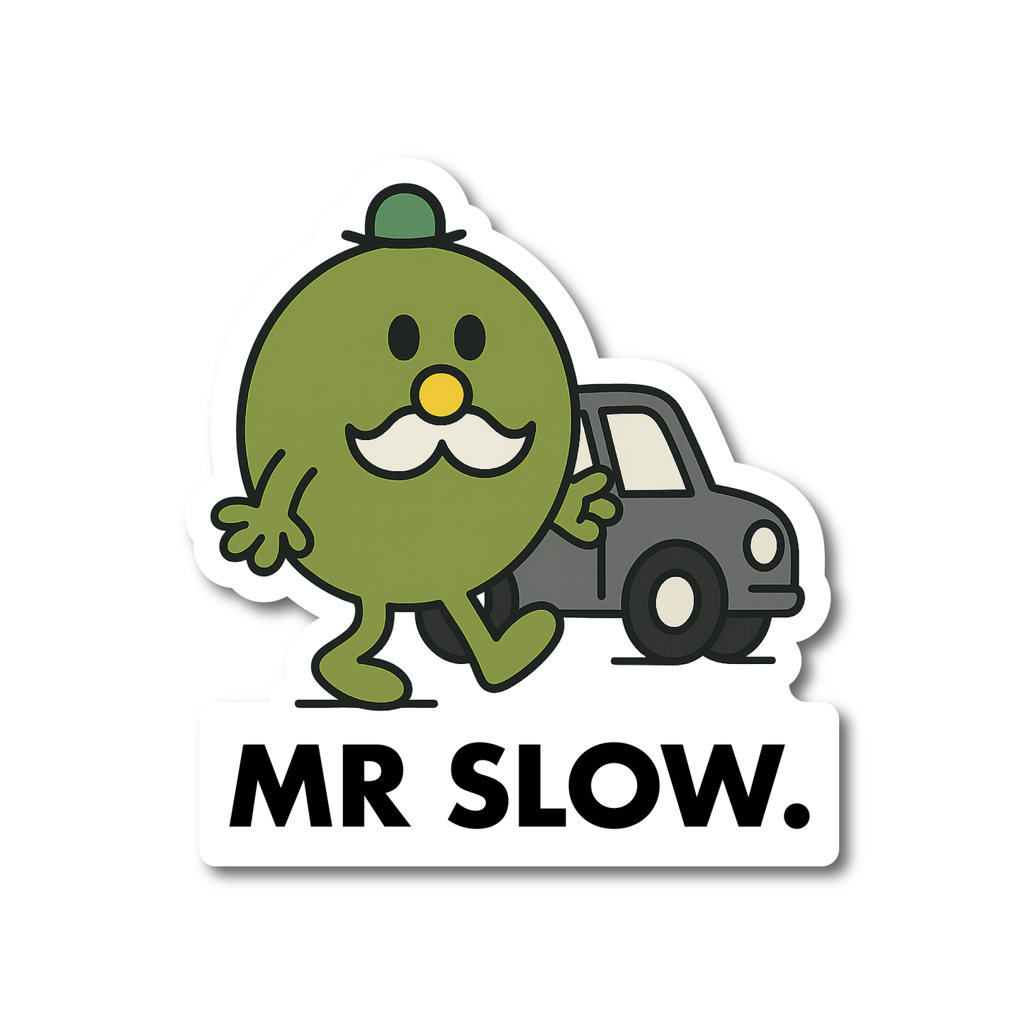 Cartoon-style Mr Slow vinyl sticker with green character and car – funny decal for toolboxes, cars or slow drivers.