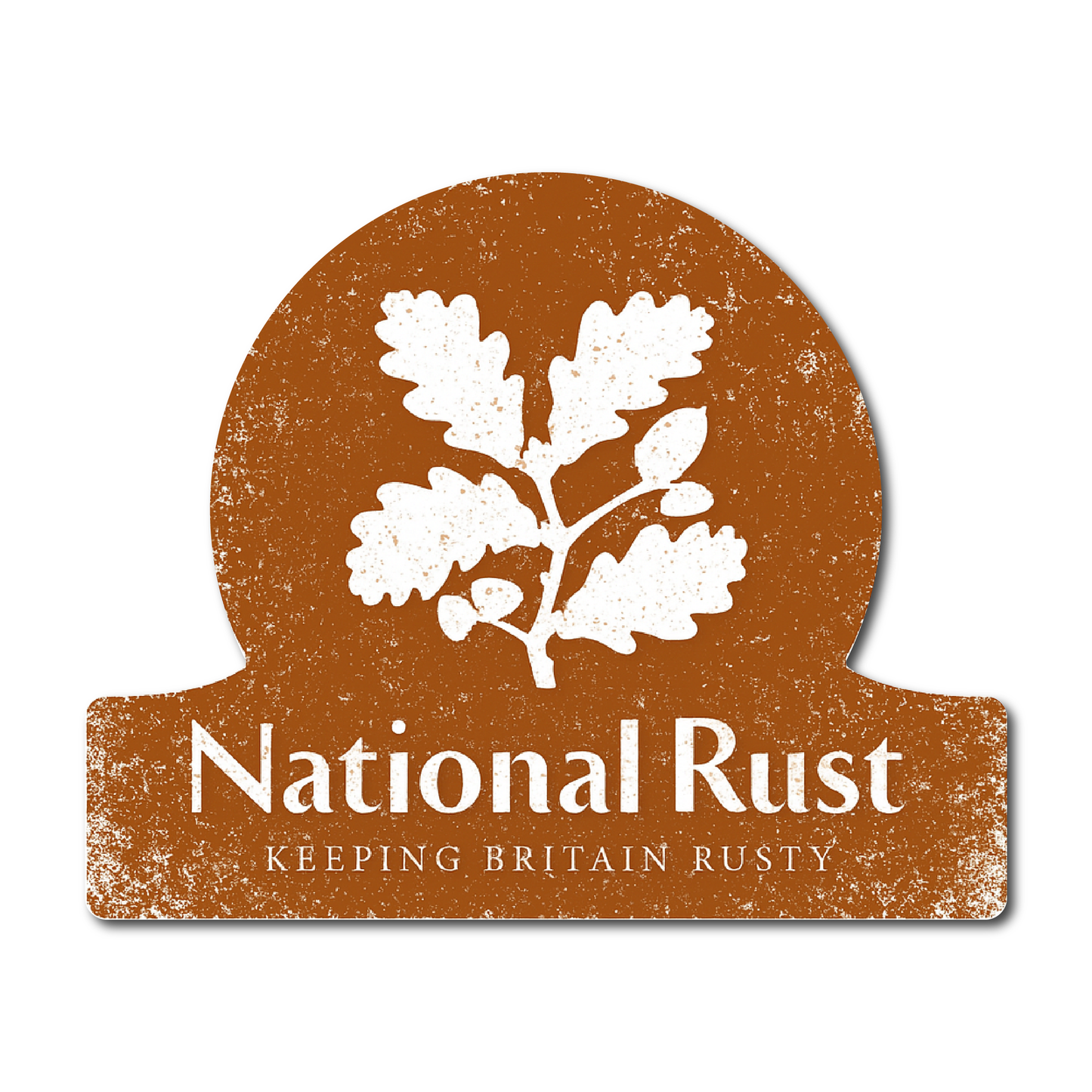 Sticker featuring the phrase “National Rust – Keeping Britain Rusty” with a white oak leaf graphic on a rusty brown background.