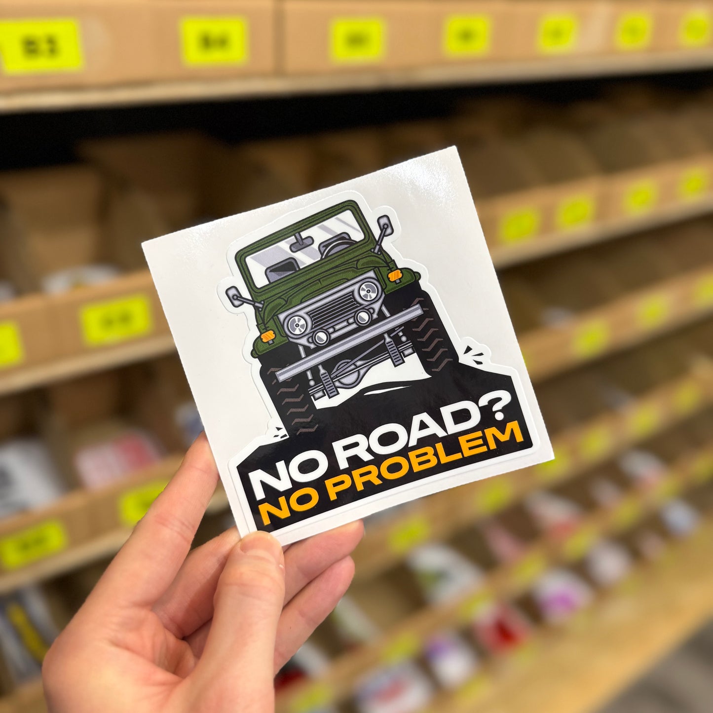 Funny off road sticker showing lifted 4x4 vehicle with “no road no problem” text