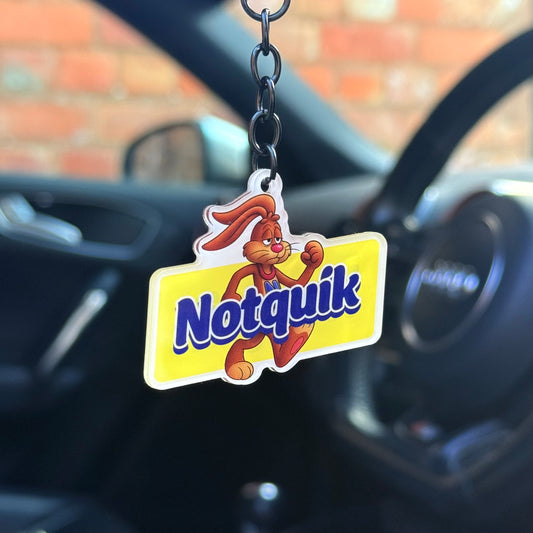 Funny “Notquik” keychain with parody rabbit design, bold novelty keyring for car enthusiasts and humour lovers, durable acrylic UK made