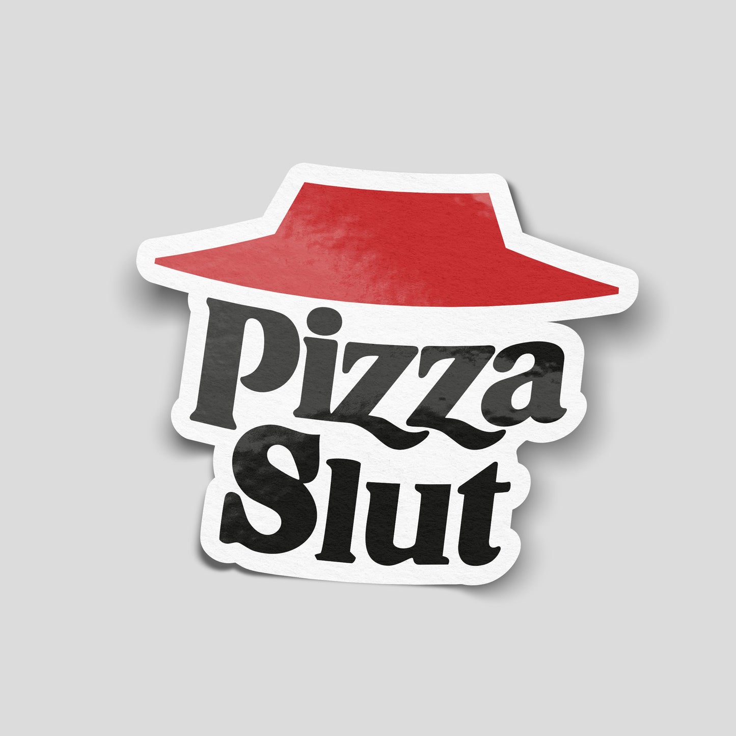 Pizza slut parody logo funny car sticker with red hat graphic, bold UK novelty car sticker by Blum Decals