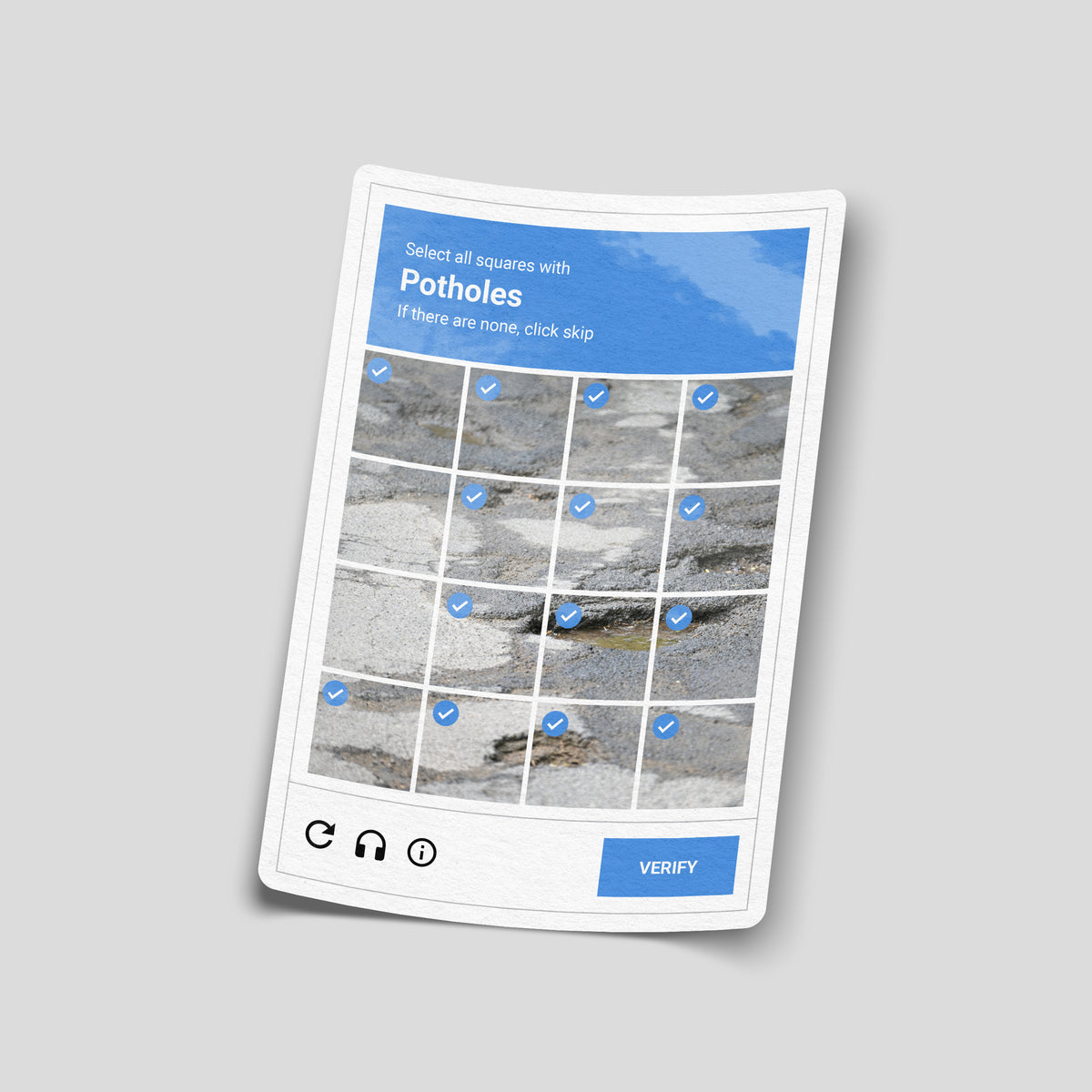 Funny CAPTCHA-style sticker reading “Select all squares with Potholes”, with a road photo grid, blue ticks and a Verify button.