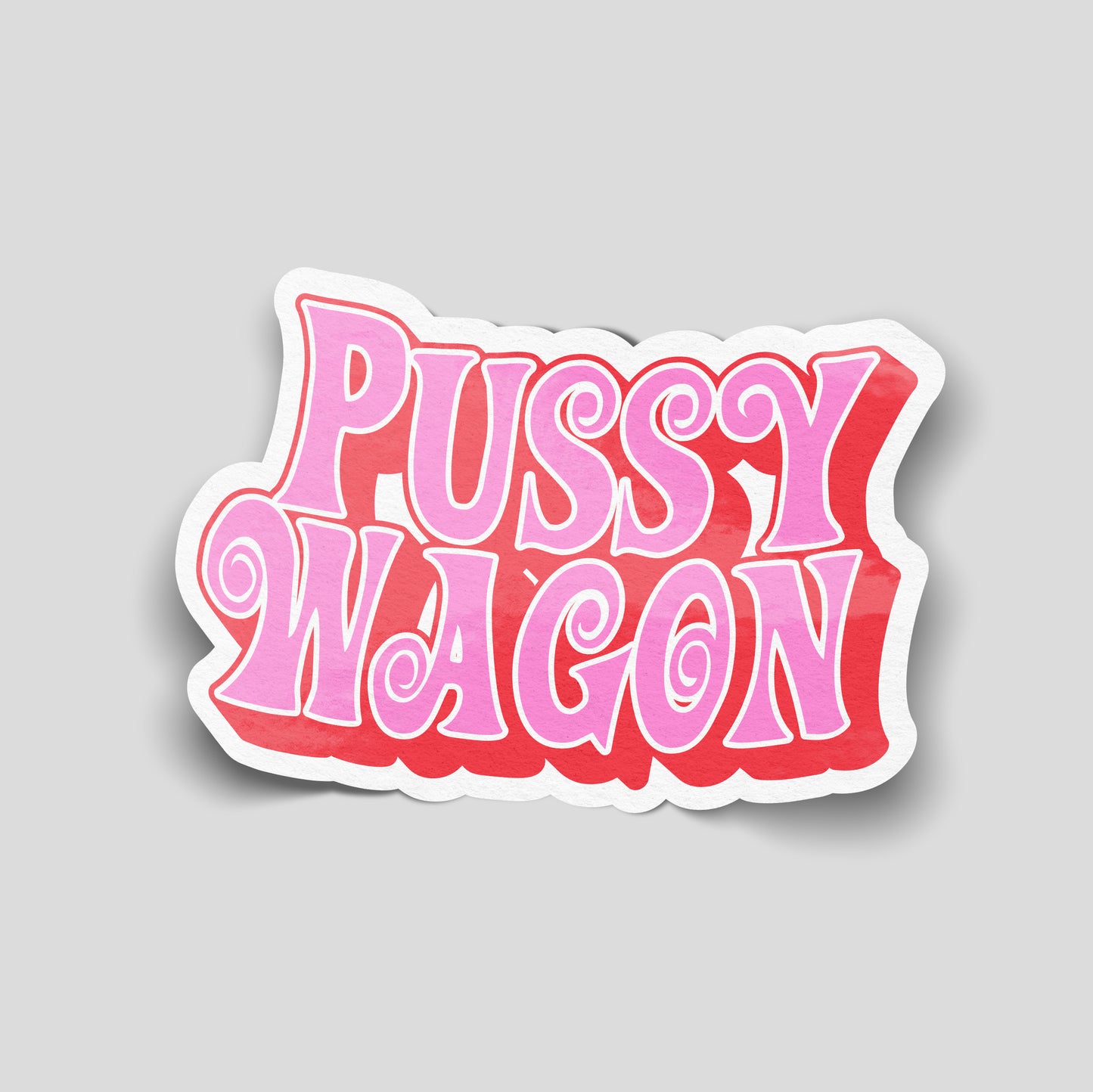 Pussy wagon retro bubble text funny car sticker in pink and red, cheeky UK car humour vinyl by Blum Decals