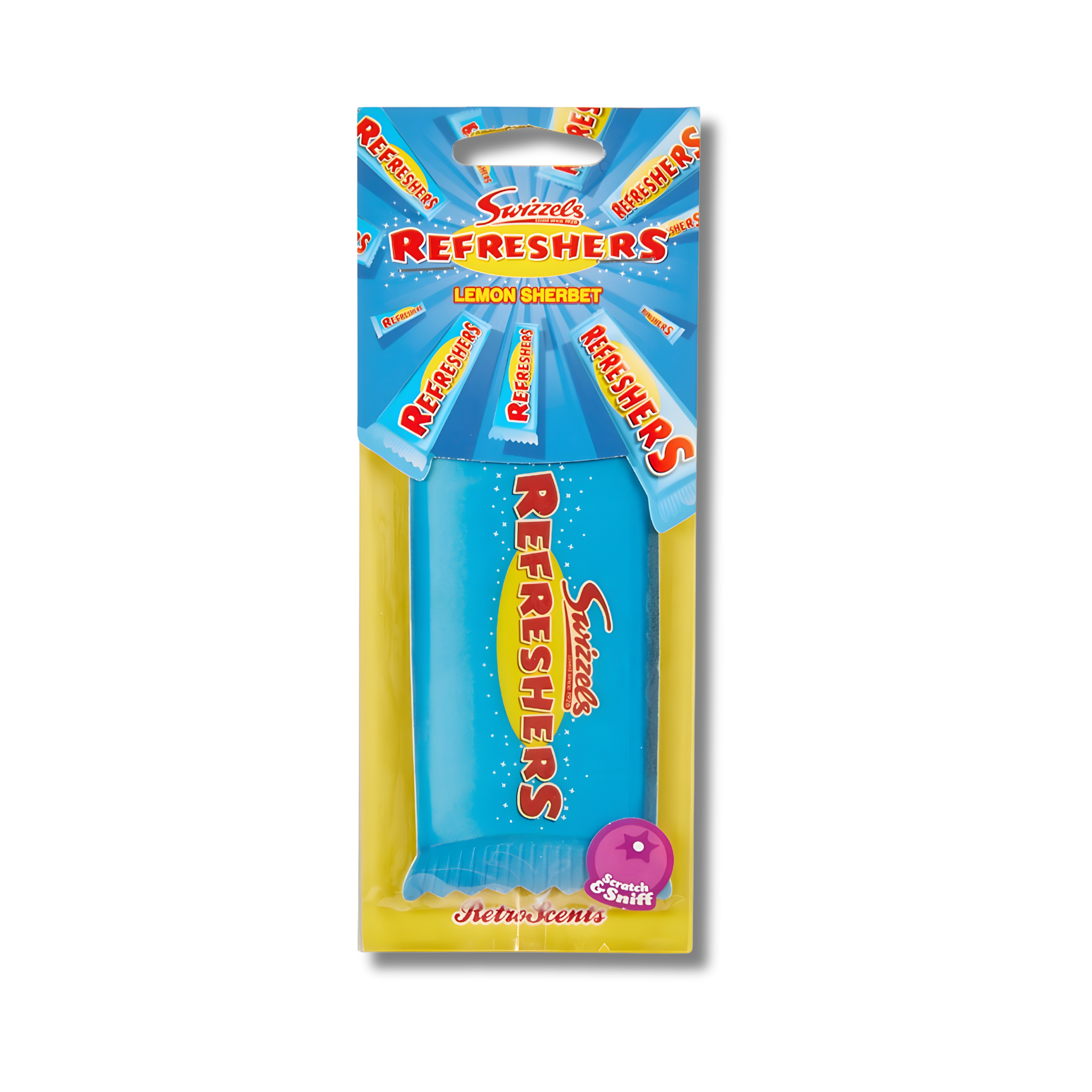 Official Swizzels Refreshers Car Air Freshener – Lemon Sherbet Scent. A vibrant, hanging air freshener inspired by the classic Refreshers sweet, perfect for keeping your car smelling fresh.