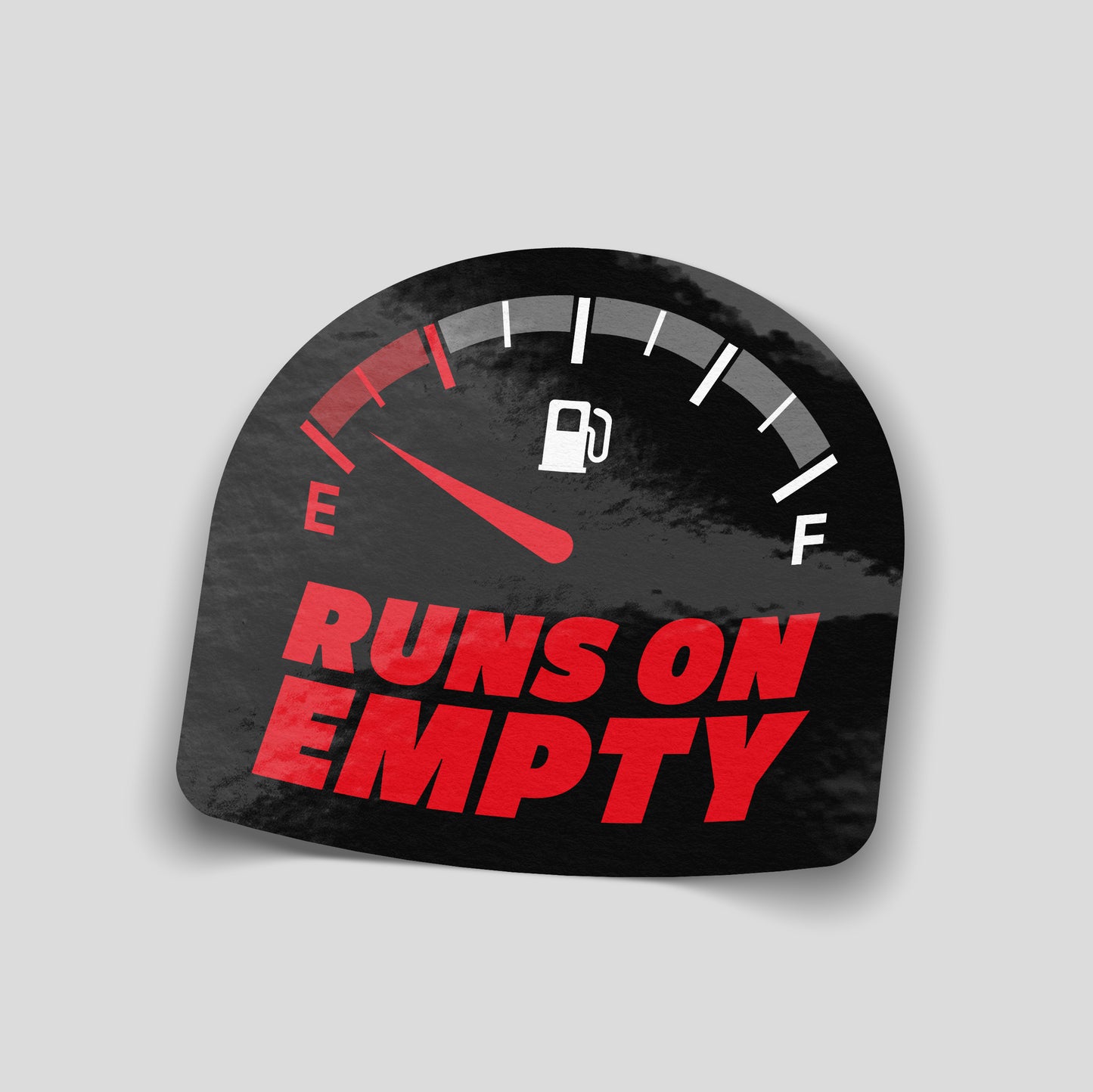 Runs on empty fuel gauge funny car sticker, low fuel UK car humour vinyl by Blum Decals