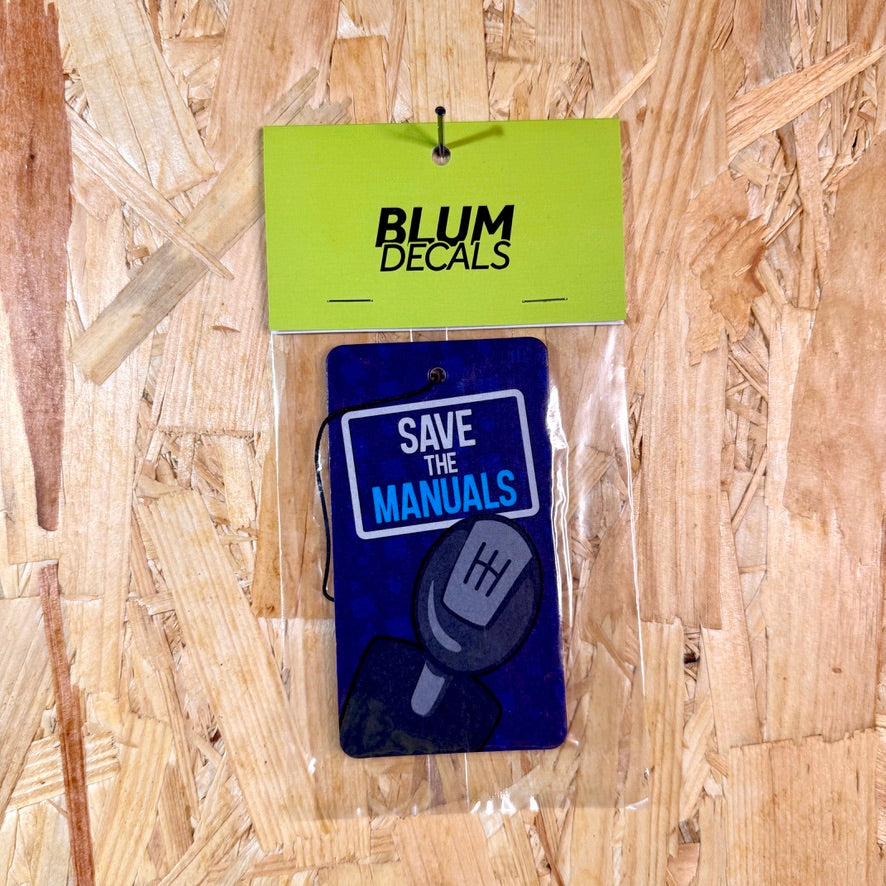 Save the Manuals New Car Scent Air Freshener in packaging