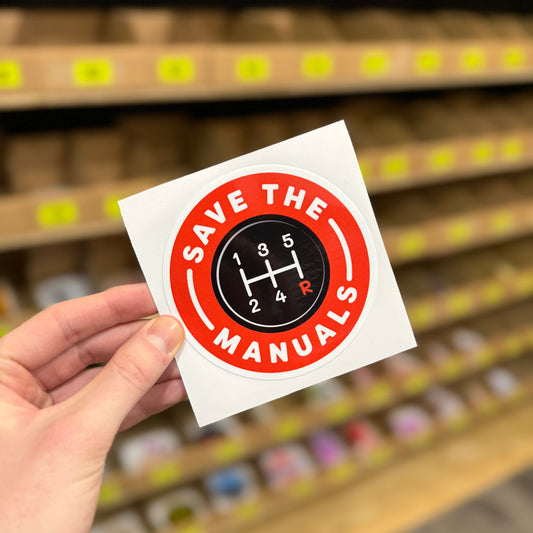 Save the Manuals vinyl sticker featuring manual gear shift diagram
