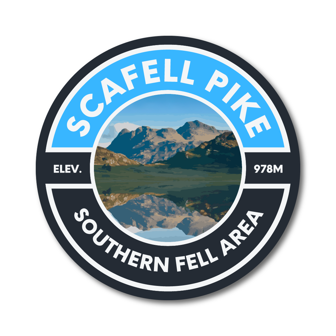 Round vinyl sticker with “Scafell Pike Southern Fell Area” text and mountain artwork showcasing Scafell Pike at 978m elevation.