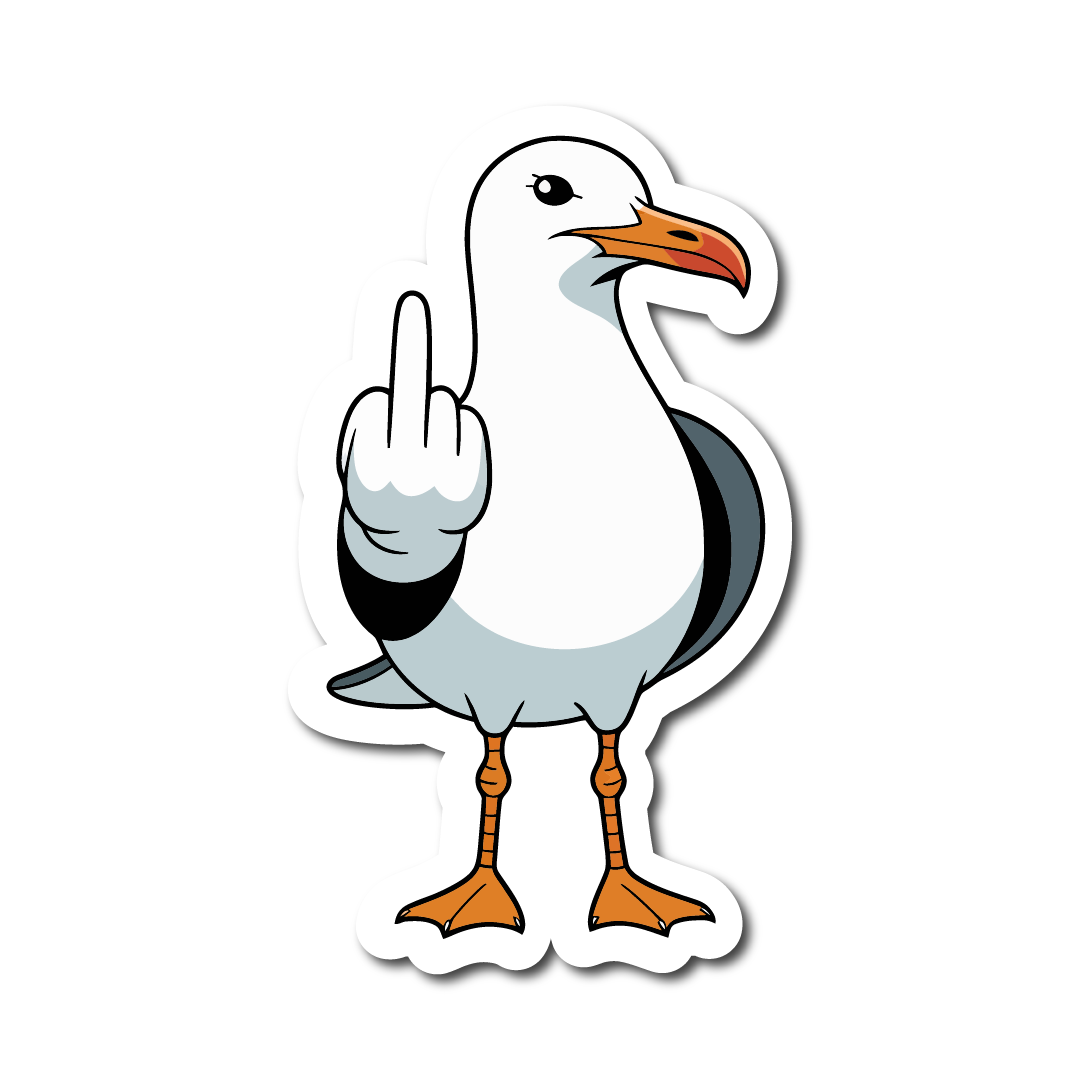 Cartoon-style seagull giving the middle finger – funny waterproof vinyl sticker ideal for cars, coolers, and beach lovers.